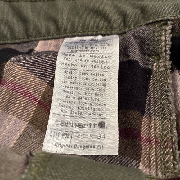 Carhartt Utility Canvas Flannel-Lined Pants Original Dungaree Fit B111 Moss - Picture 8 of 16